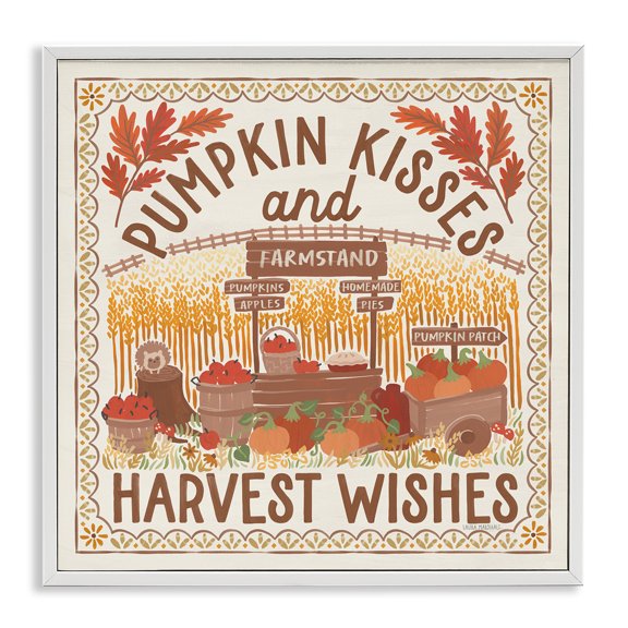 Stupell Industries Pumpkin Kisses Fall Scene Landscape Painting White Framed Art Print Wall Art, 17 x 17