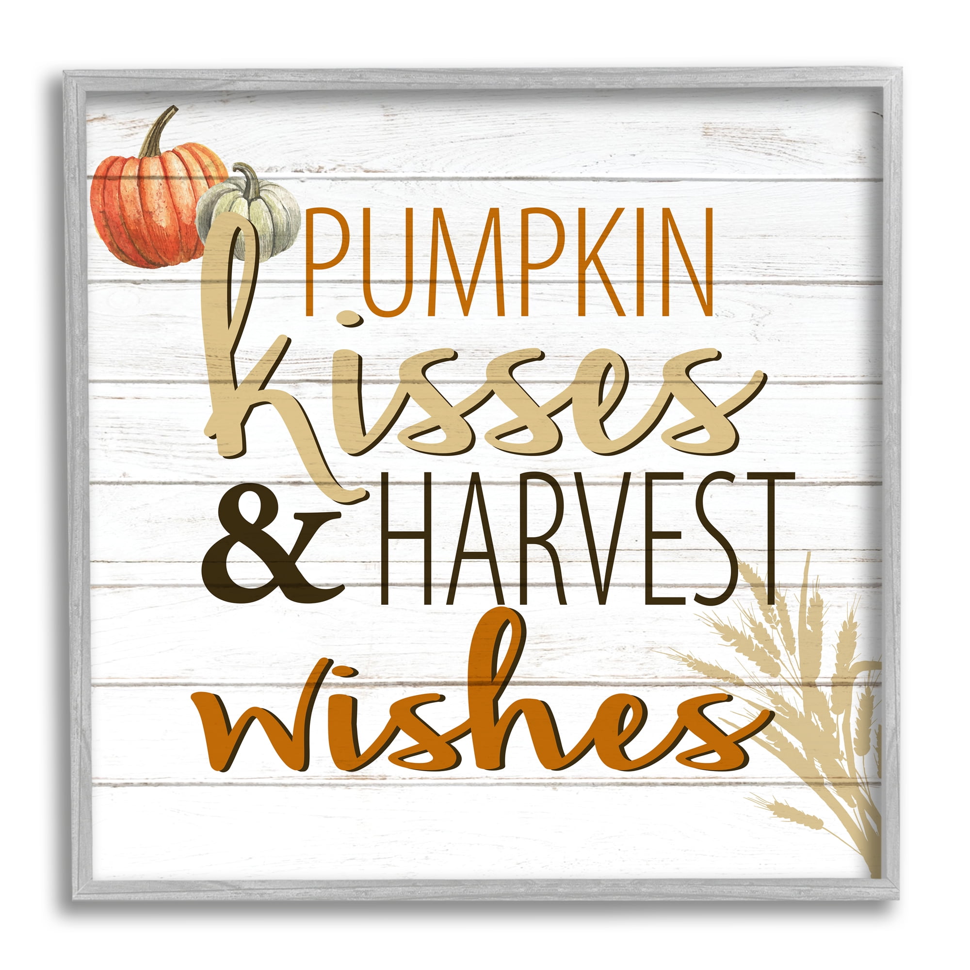 Stupell Industries Pumpkin Kisses Harvest Wishes Autumn Sentiment Plank Pattern, 12 x 12, Designed by Kim Allen