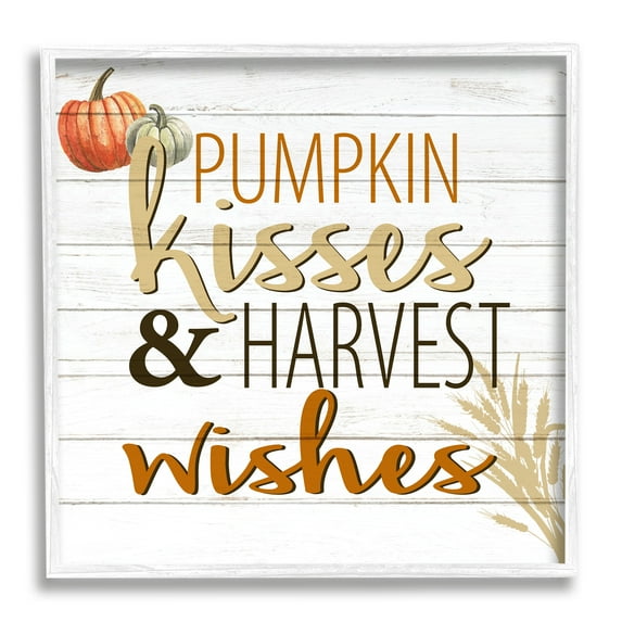 Stupell Industries Pumpkin Kisses Harvest Wishes Autumn Sentiment Plank Pattern, 12 x 12, Designed by Kim Allen