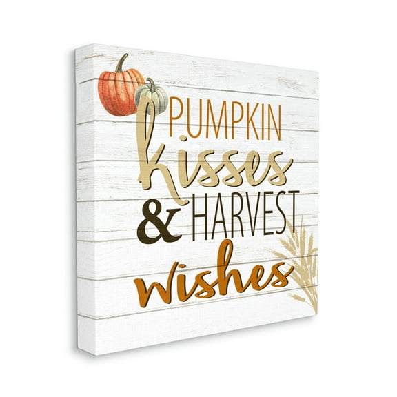 Stupell Industries Pumpkin Kisses Harvest Wishes Autumn Sentiment Plank Pattern, 24 x 24, Designed by Kim Allen