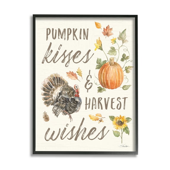 Stupell Industries Pumpkin Kisses Harvest Wishes Phrase Wild Turkey Animals & Insects Painting Black Framed Art Print Wall Art, 16 x 20
