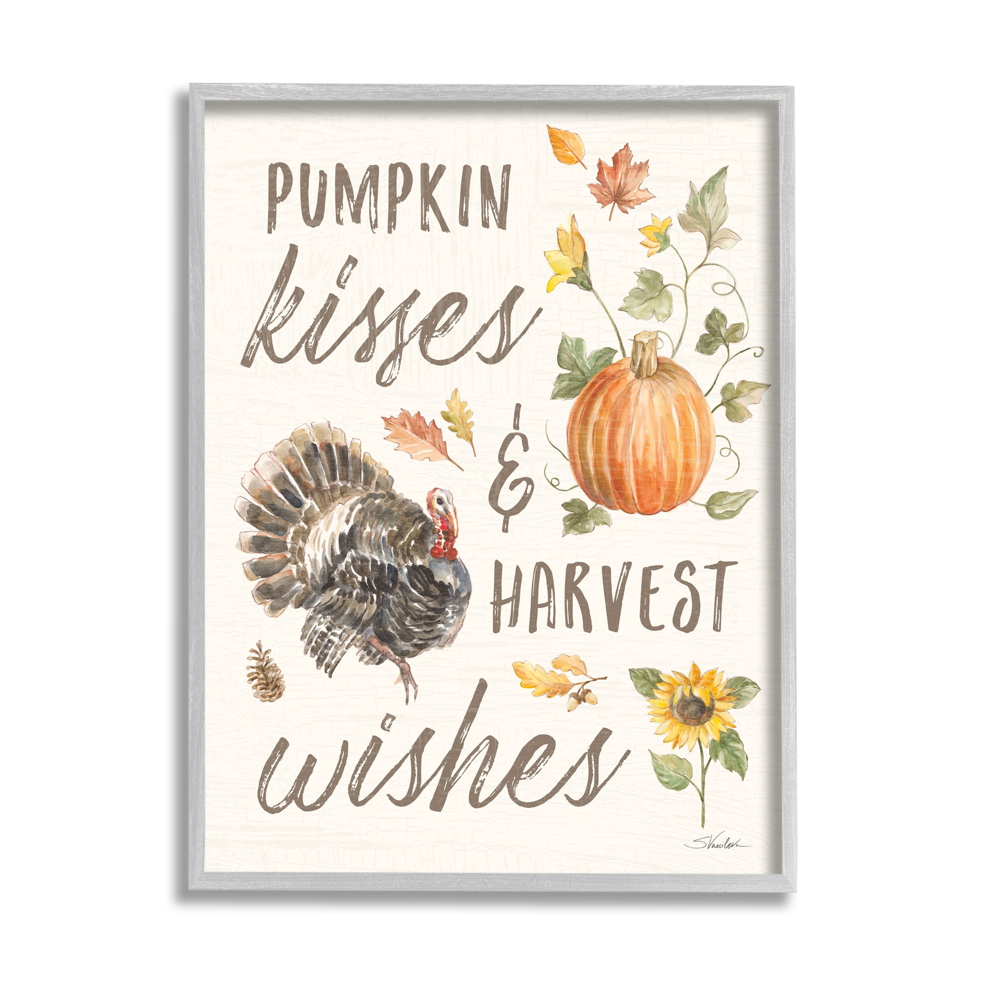 Stupell Industries Pumpkin Kisses Harvest Wishes Phrase Wild Turkey Animals & Insects Painting Gray Framed Art Print Wall Art, 24 x 30