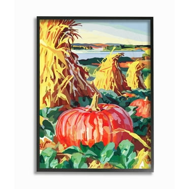 Stupell Industries Pumpkin Patch Fall Autumn Landscape Design Graphic Art Black Framed Art Print Wall Art, 24x30, by The Saturday Evening Post