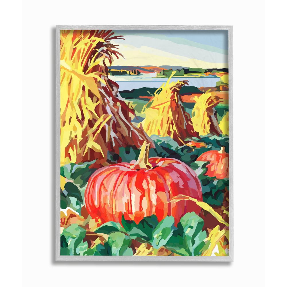 Stupell Industries Pumpkin Patch Fall Autumn Landscape Design Graphic Art Gray Framed Art Print Wall Art, 16x20, by The Saturday Evening Post