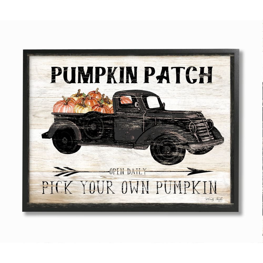 Stupell Industries Pumpkin Patch Farm Sign Fall Harvest Picking Framed Wall Art Design by Cindy Jacobs, 11" x 14", Black Framed