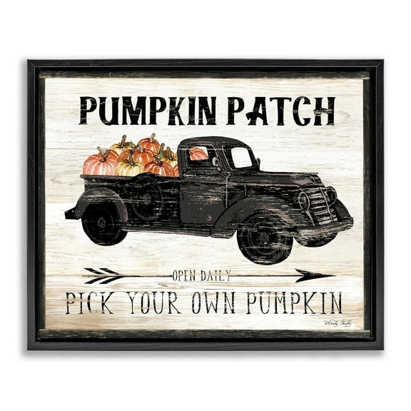 Stupell Industries Pumpkin Patch Farm Sign Fall Harvest Picking Jet Black Framed Floating Canvas Wall Art, 16x20, by Cindy Jacobs