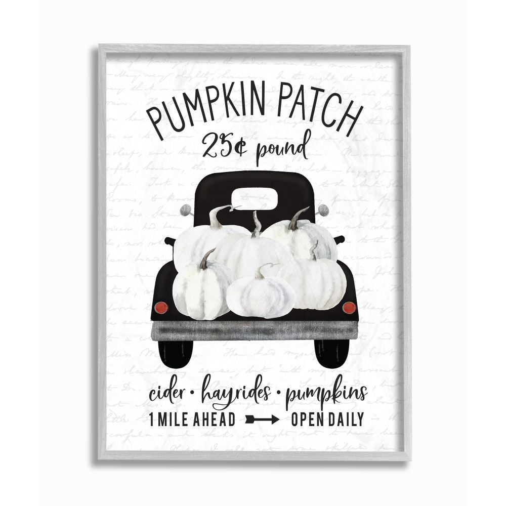 Stupell Industries Pumpkin Patch Farm Truck Sign Country Autumn Harvest Framed Wall Art Design by Lettered and Lined, 16" x 20", Gray Framed