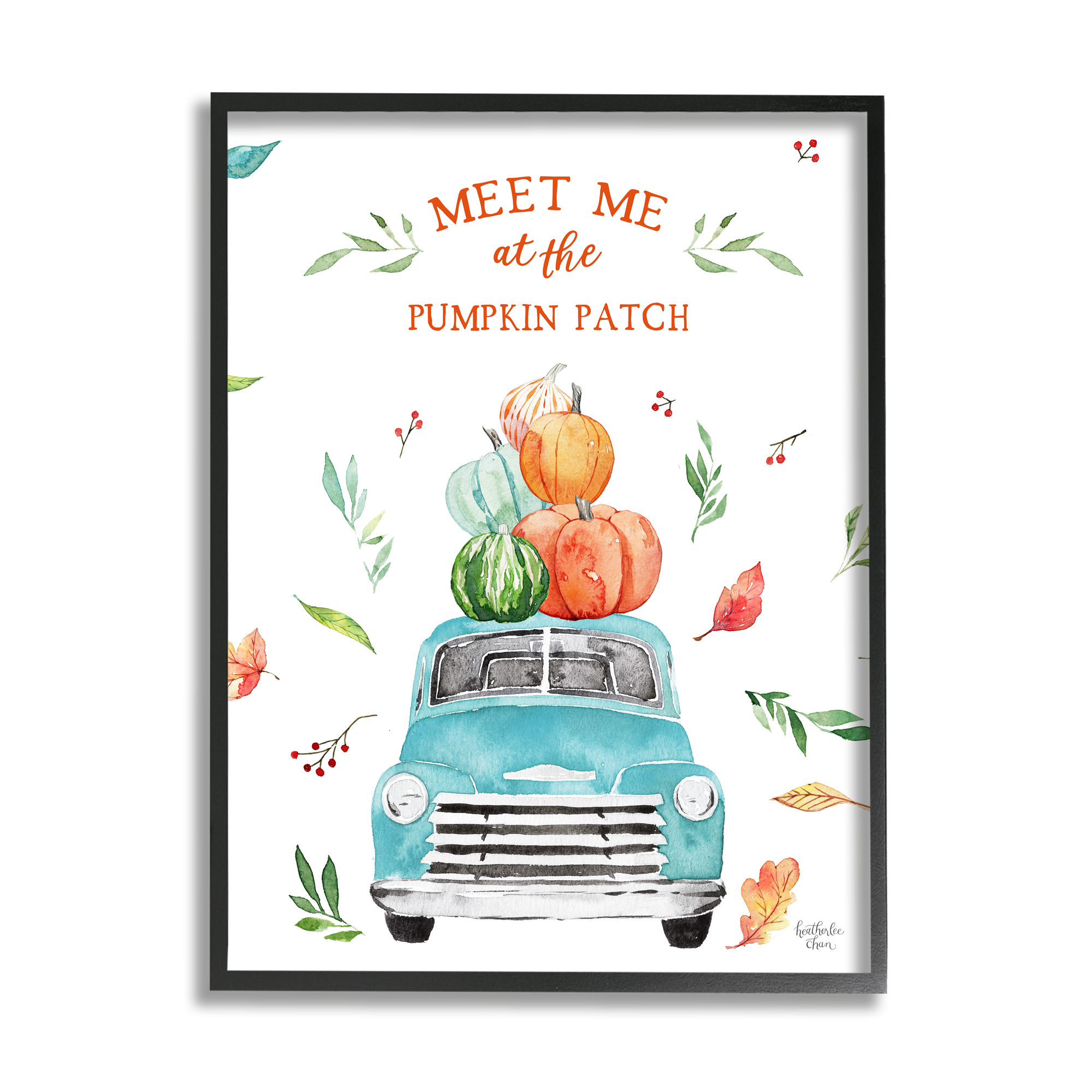 Stupell Industries Pumpkin Patch Seasonal Leaves Botanicals Blue Truck Graphic Art Black Framed Art Print Wall Art, Design by Heatherlee Chan