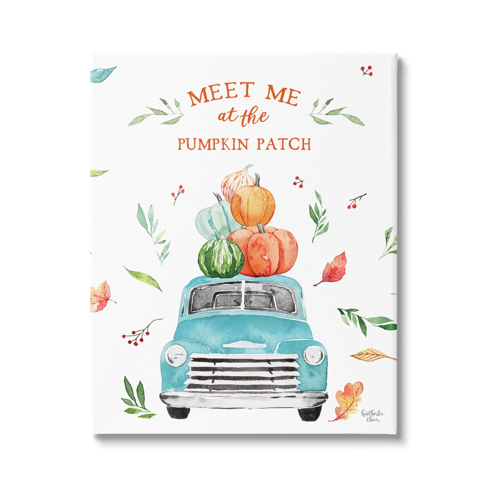 Stupell Industries Pumpkin Patch Seasonal Leaves Botanicals Blue Truck Graphic Art Gallery Wrapped Canvas Print Wall Art, Design by Heatherlee Chan