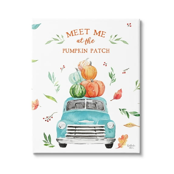 Stupell Industries Pumpkin Patch Seasonal Leaves Botanicals Blue Truck Graphic Art Gallery Wrapped Canvas Print Wall Art, Design by Heatherlee Chan