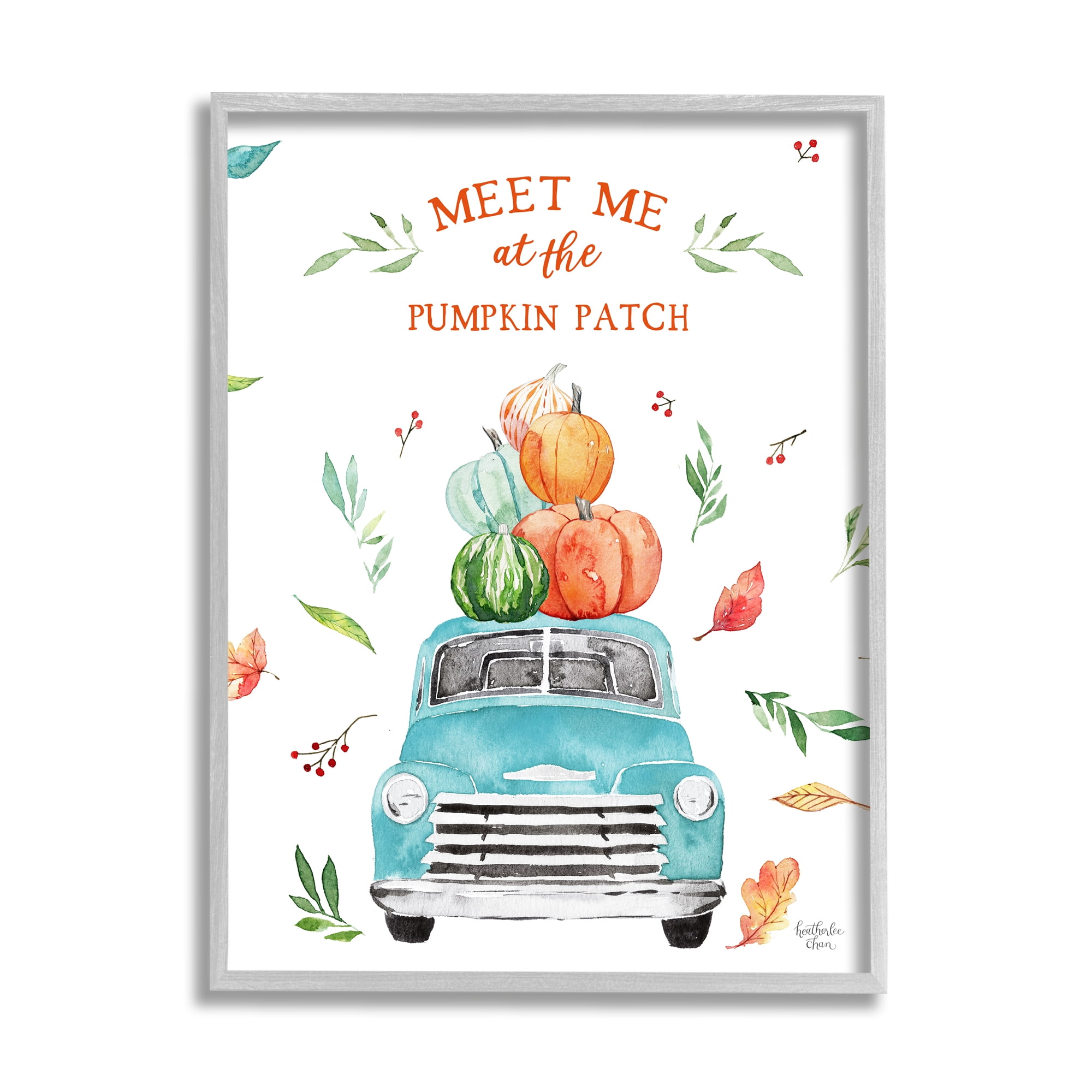 Stupell Industries Pumpkin Patch Seasonal Leaves Botanicals Blue Truck Graphic Art Gray Framed Art Print Wall Art, Design by Heatherlee Chan