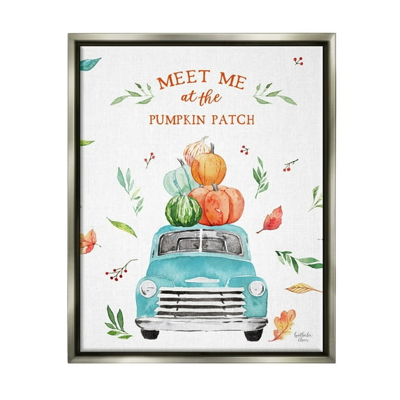 Stupell Industries Pumpkin Patch Seasonal Leaves Botanicals Blue Truck Graphic Art Luster Gray Floating Framed Canvas Print Wall Art, Design by Heatherlee Chan
