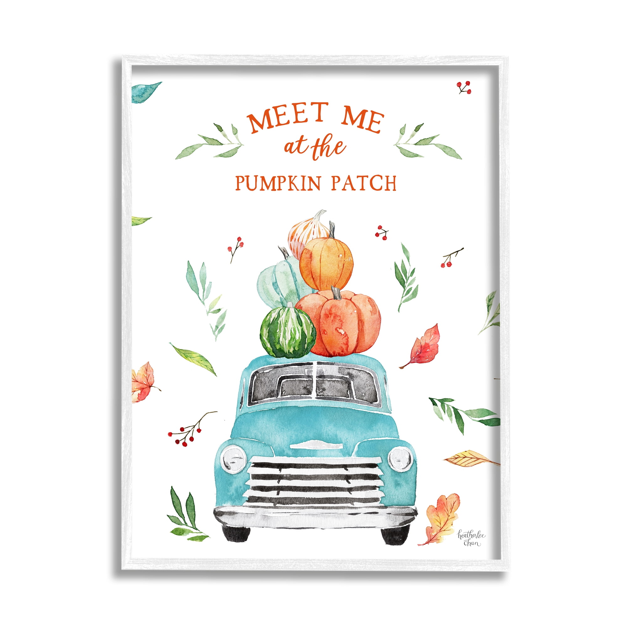 Stupell Industries Pumpkin Patch Seasonal Leaves Botanicals Blue Truck Graphic Art White Framed Art Print Wall Art, Design by Heatherlee Chan