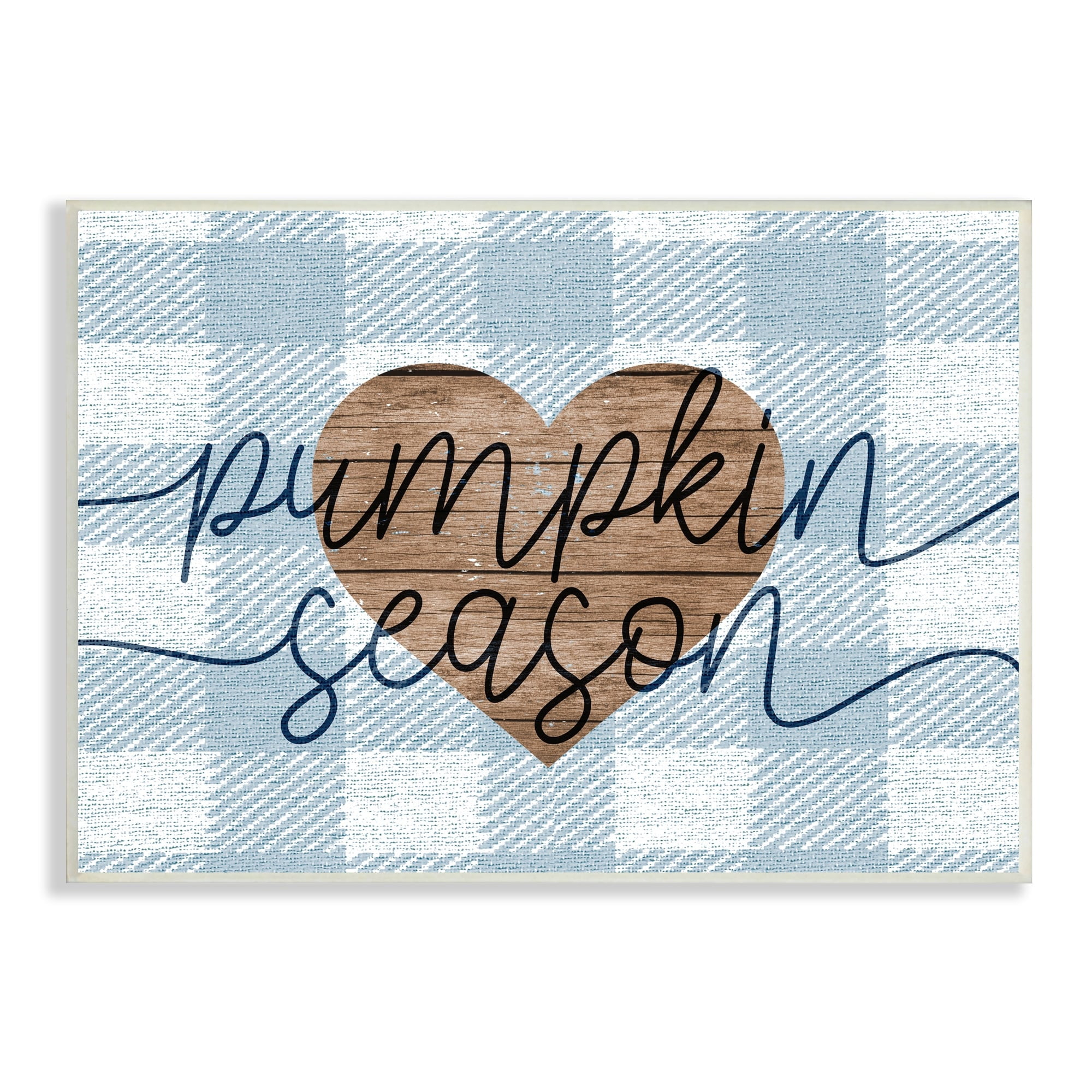 Stupell Industries Pumpkin Season Grain Pattern Heart Blue Checker Plaid, 15 x 10,Design by Daphne Polselli