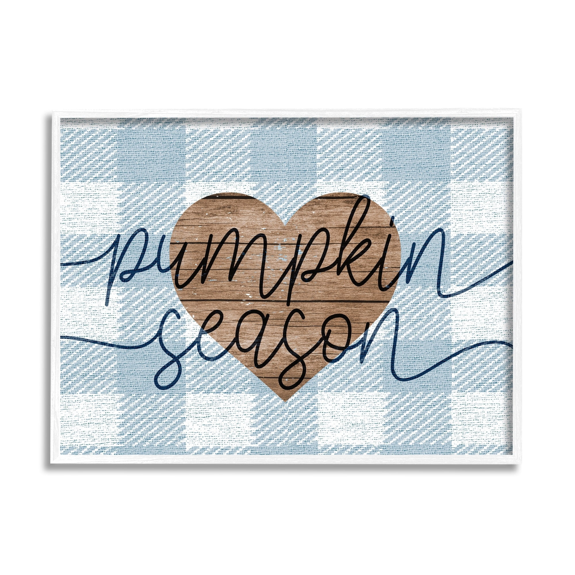 Stupell Industries Pumpkin Season Grain Pattern Heart Blue Checker Plaid, 30 x 24,Design by Daphne Polselli
