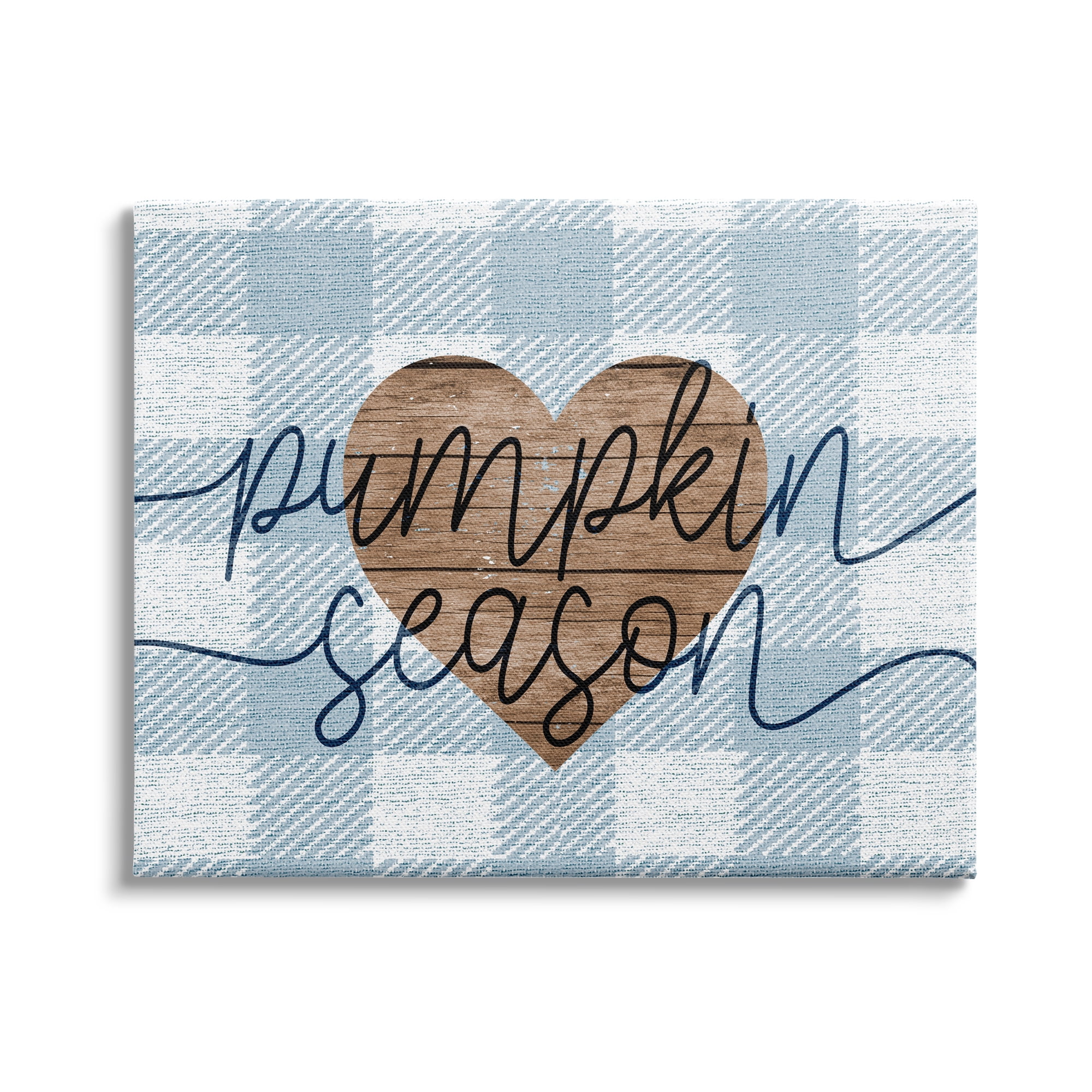 Stupell Industries Pumpkin Season Grain Pattern Heart Blue Checker Plaid, 48 x 36,Design by Daphne Polselli