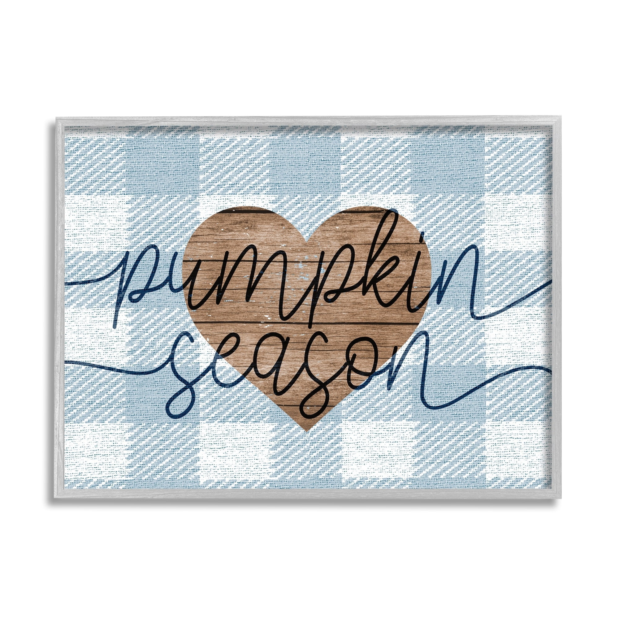 Stupell Industries Pumpkin Season Grain Pattern Heart Blue Checker Plaid Graphic Art Gray Framed Art Print Wall Art, 30x24, by Daphne Polselli