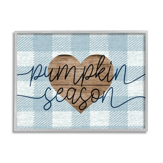 Stupell Industries Pumpkin Season Grain Pattern Heart Blue Checker Plaid Graphic Art Gray Framed Art Print Wall Art, 30x24, by Daphne Polselli