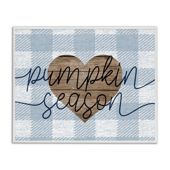 Stupell Industries Rustic Lodge Pumpkin Season Grain Pattern Heart Blue Checker Plaid White Framed Giclee Art, 14 x 11, by Lil' Rue