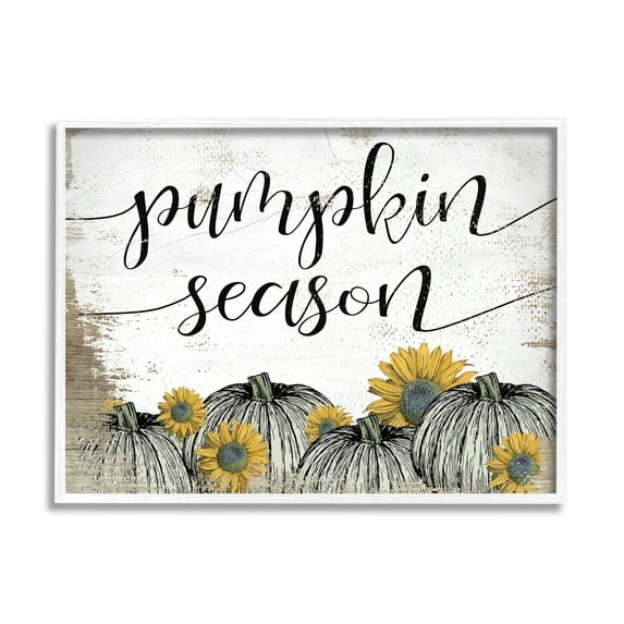 Stupell Industries Pumpkin Season Phrase Vintage Pumpkin Illustration Yellow Sunflowers Graphic Art White Framed Art Print Wall Art, 20x16, by Daphne Polselli