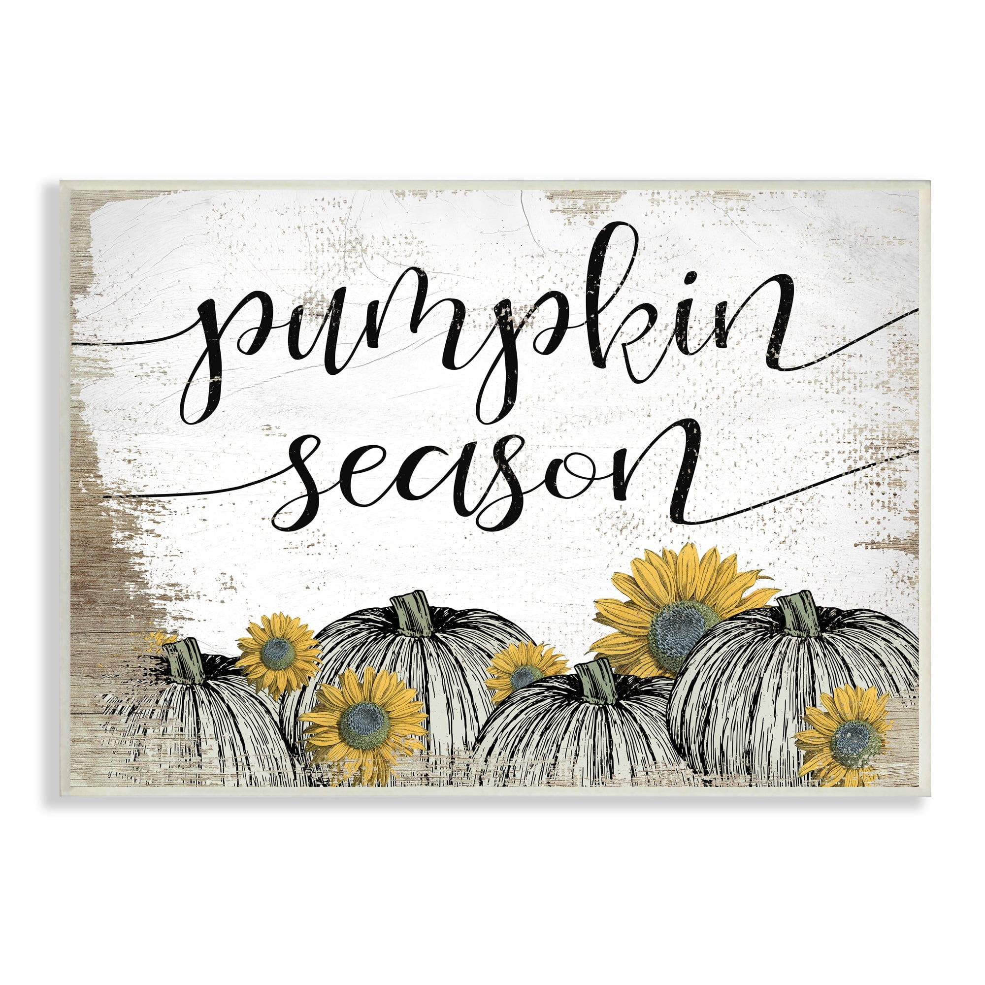 Stupell Industries Pumpkin Season Phrase Vintage Pumpkin Illustration Yellow Sunflowers, 19 x 13,Design by Daphne Polselli