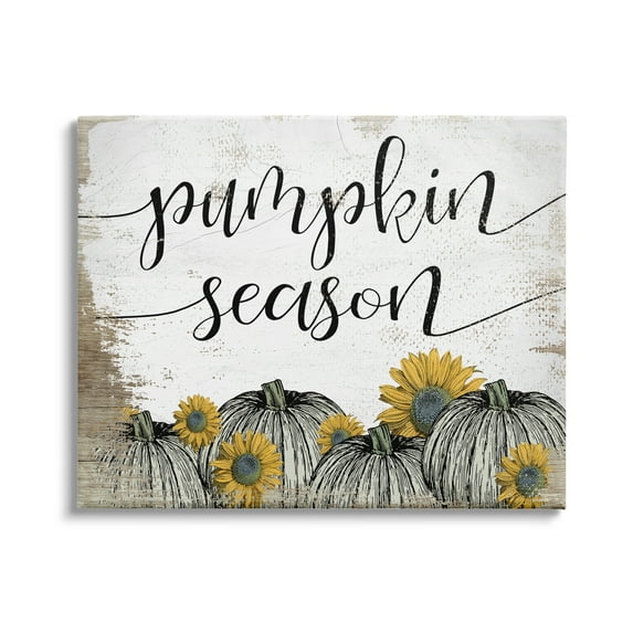 Stupell Industries Pumpkin Season Phrase Vintage Pumpkin Illustration Yellow Sunflowers, 20 x 16,Design by Daphne Polselli