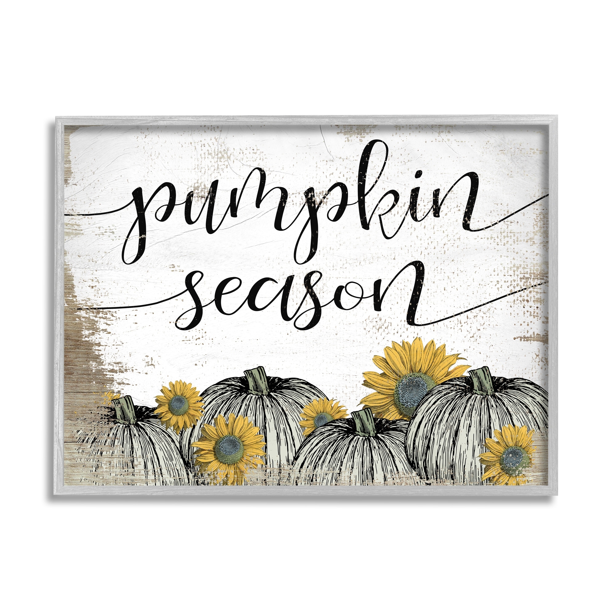 Stupell Industries Pumpkin Season Phrase Vintage Pumpkin Illustration Yellow Sunflowers Graphic Art Gray Framed Art Print Wall Art, 20x16, by Daphne Polselli