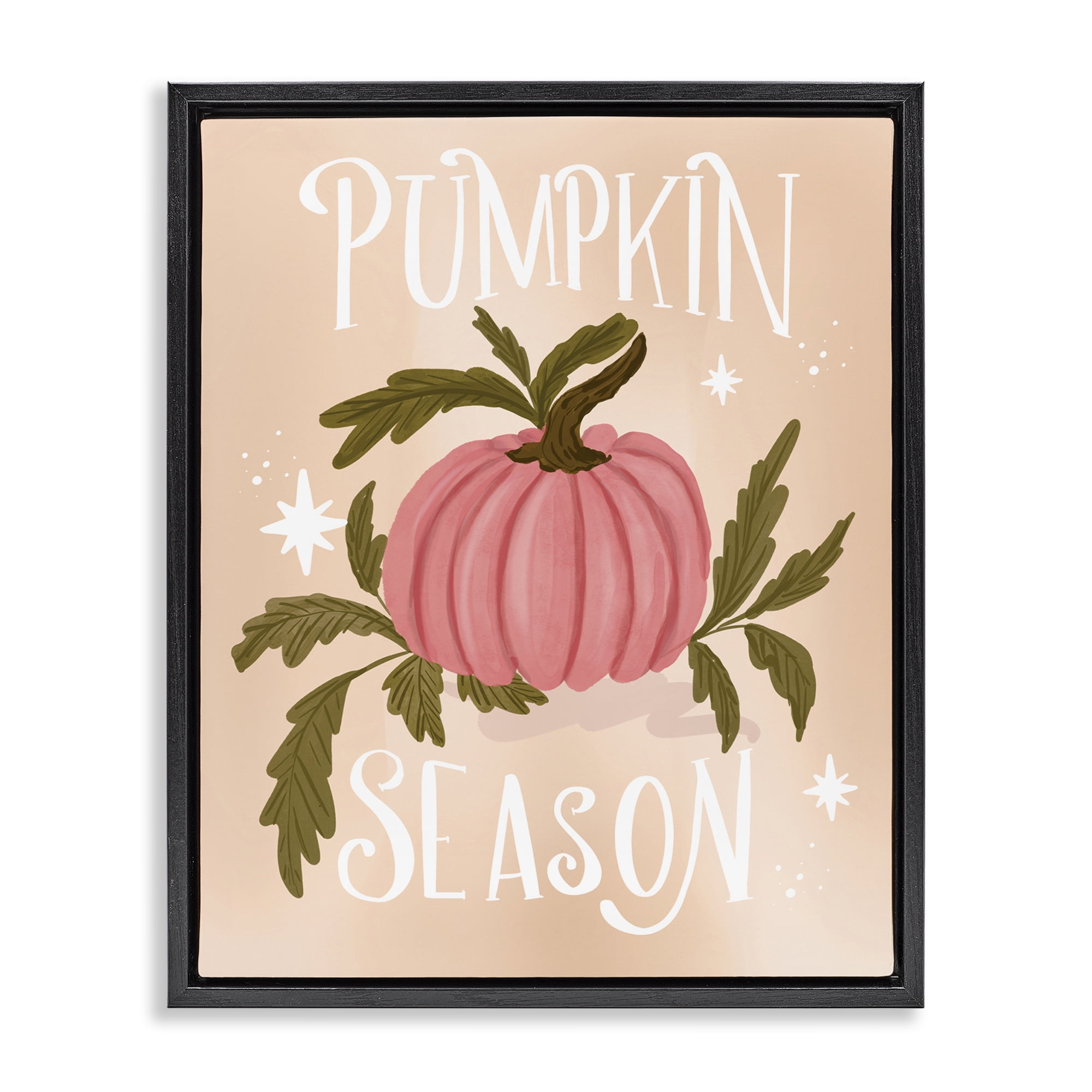 Stupell Industries Pumpkin Season with Leaves Plants & Flowers Painting Black Floater Framed Canvas Art Print Wall Art, 25 x 31