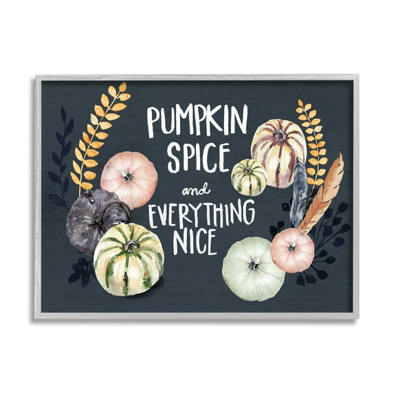 Stupell Industries Pumpkin Spice Everything Nice Phrase Autumn Harvest Feathers Graphic Art Gray Framed Art Print Wall Art, 11x14, by Jennifer Paxton Parker