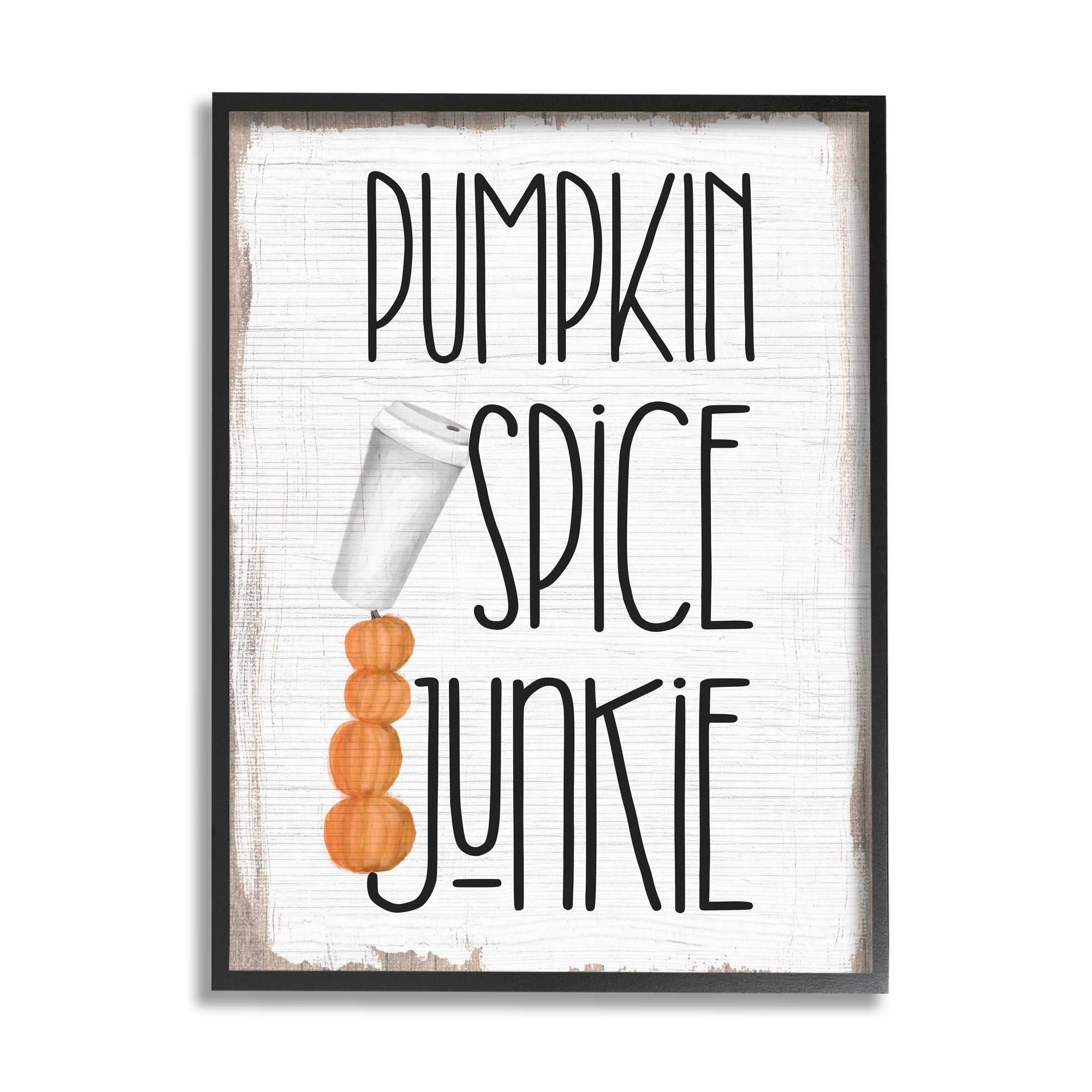 Stupell Industries Pumpkin Spice Junkie Phrase Balancing Coffee Cup Food & Beverage Painting Black Framed Art Print Wall Art, 11 x 14