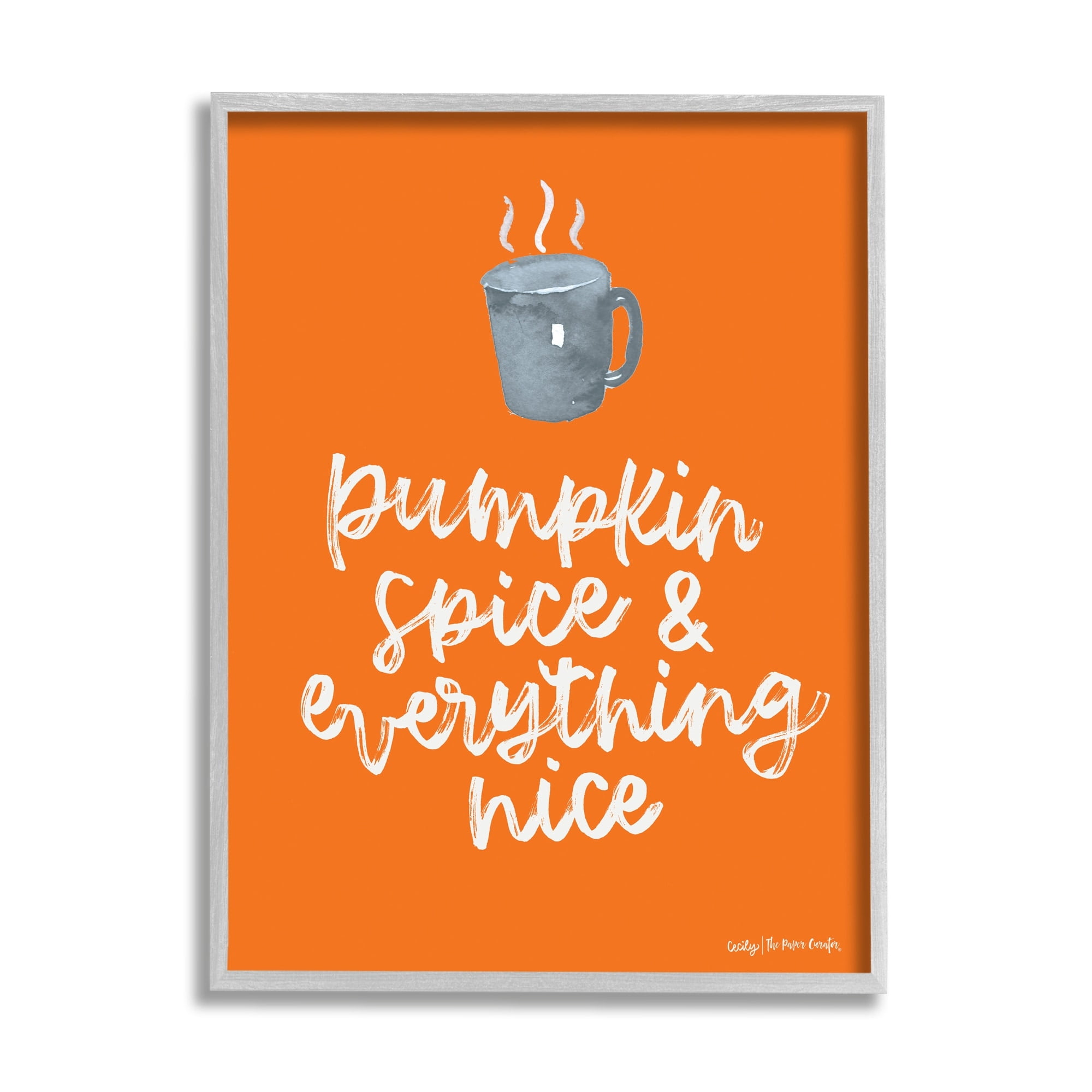 Stupell Industries Pumpkin Spice Steaming Coffee Mug Fall Calligraphy Graphic Art Gray Framed Art Print Wall Art, Design by Cecily Moore