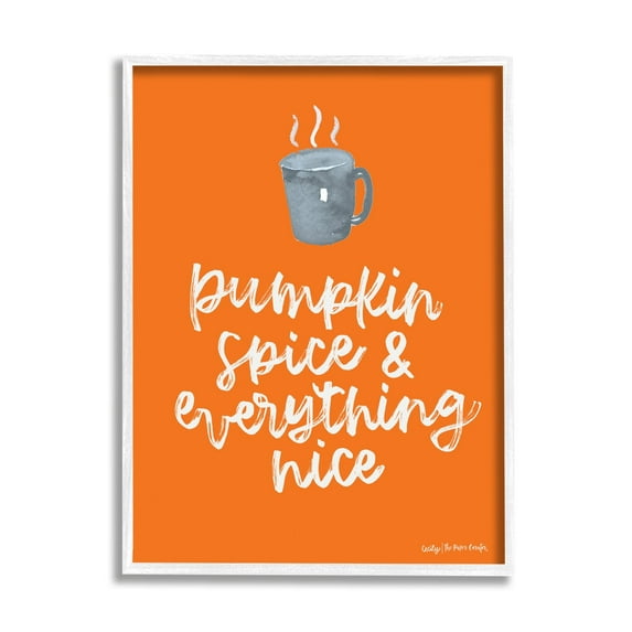 Stupell Industries Pumpkin Spice Steaming Coffee Mug Fall Calligraphy Graphic Art White Framed Art Print Wall Art, Design by Cecily Moore