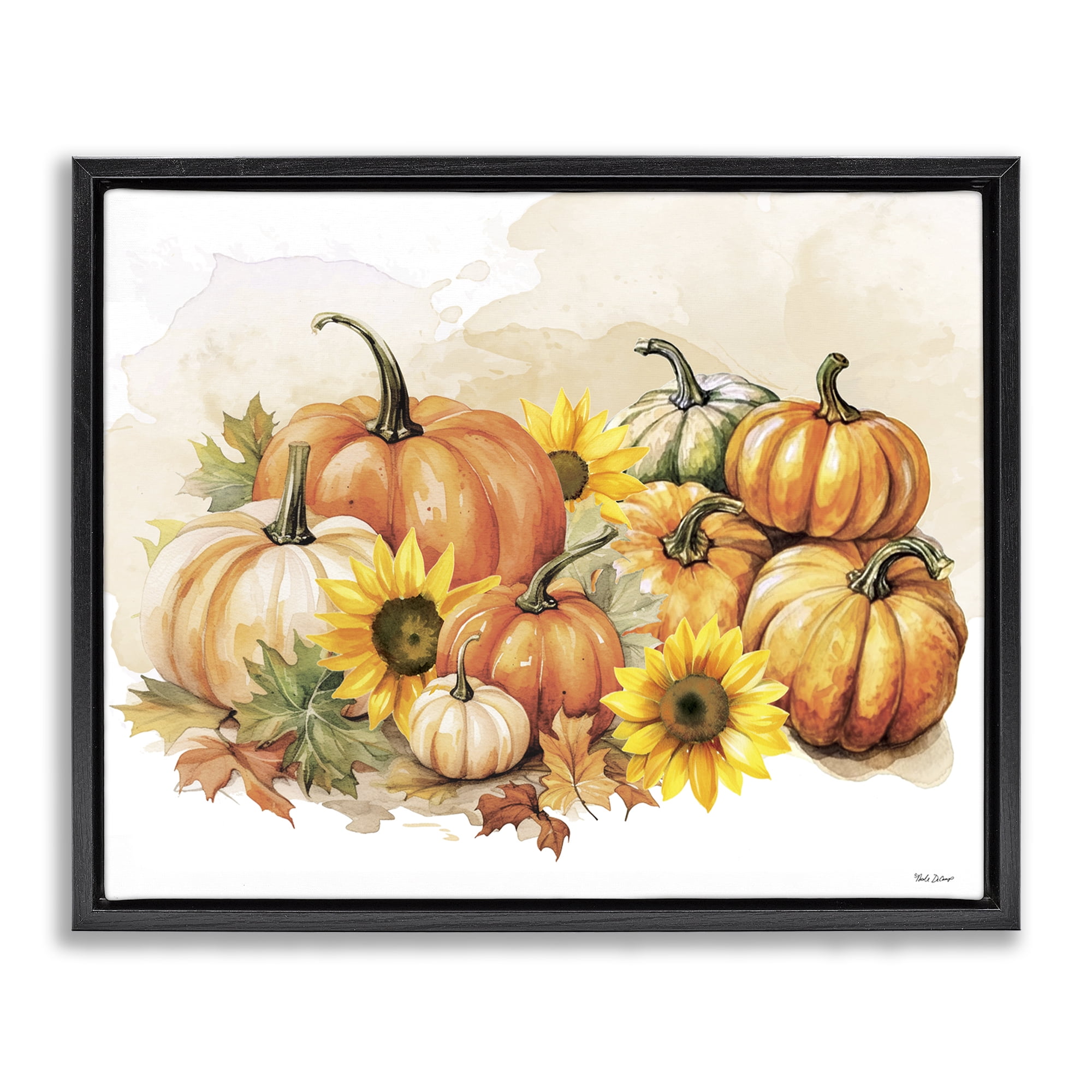 Stupell Industries Pumpkin & Sunflower Bundle Botanical & Floral Painting Black Floater Framed Canvas Art Prints Wall Art, 21 x 17