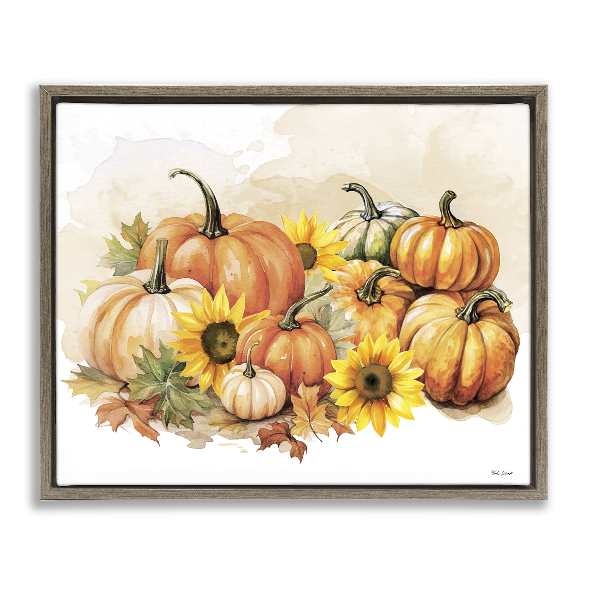 Stupell Industries Pumpkin & Sunflower Bundle Botanical & Floral Painting Brown Floater Framed Canvas Art Prints Wall Art, 21 x 17