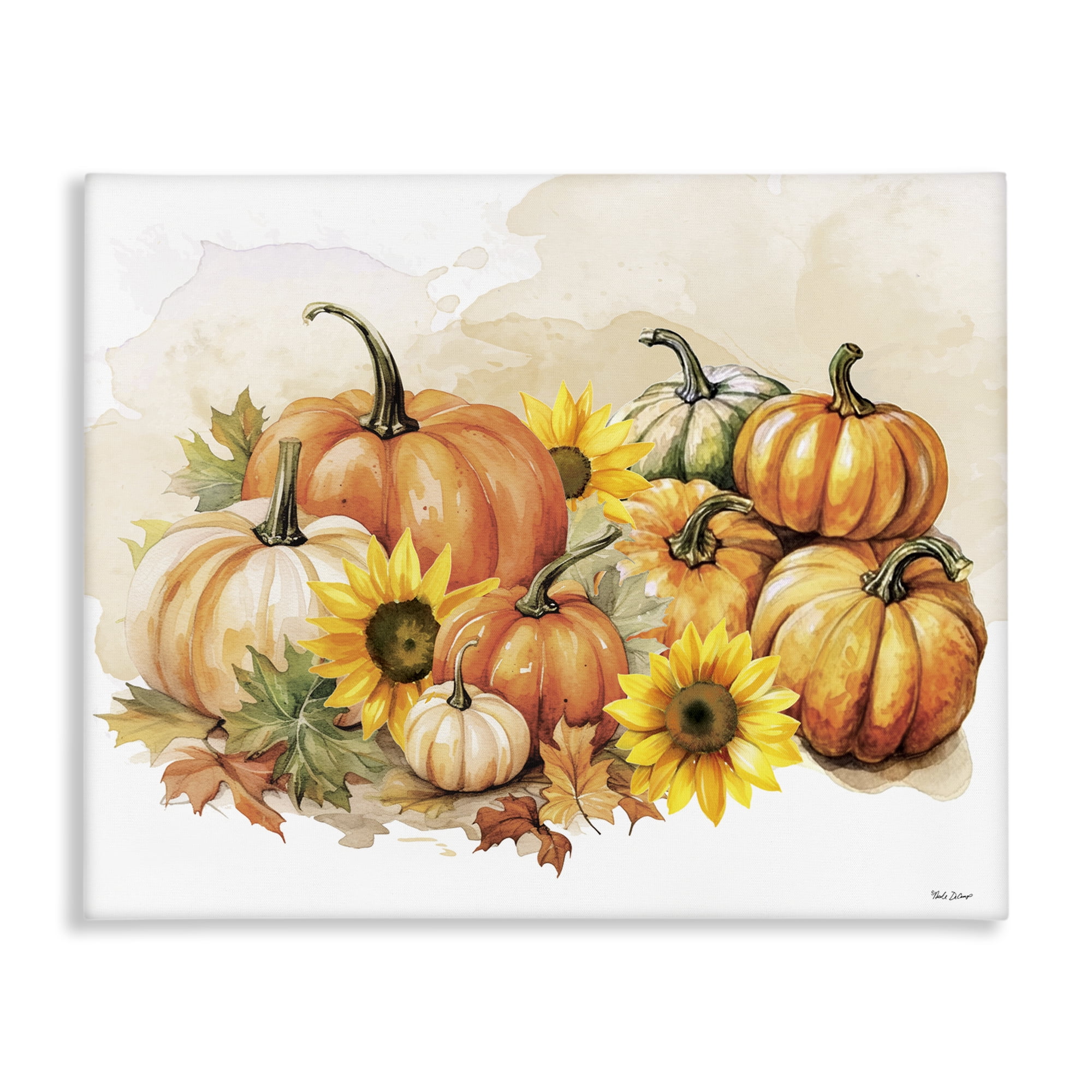 Stupell Industries Pumpkin & Sunflower Bundle Botanical & Floral Painting Gallery Wrapped Canvas Art Prints Wall Art, 40 x 30