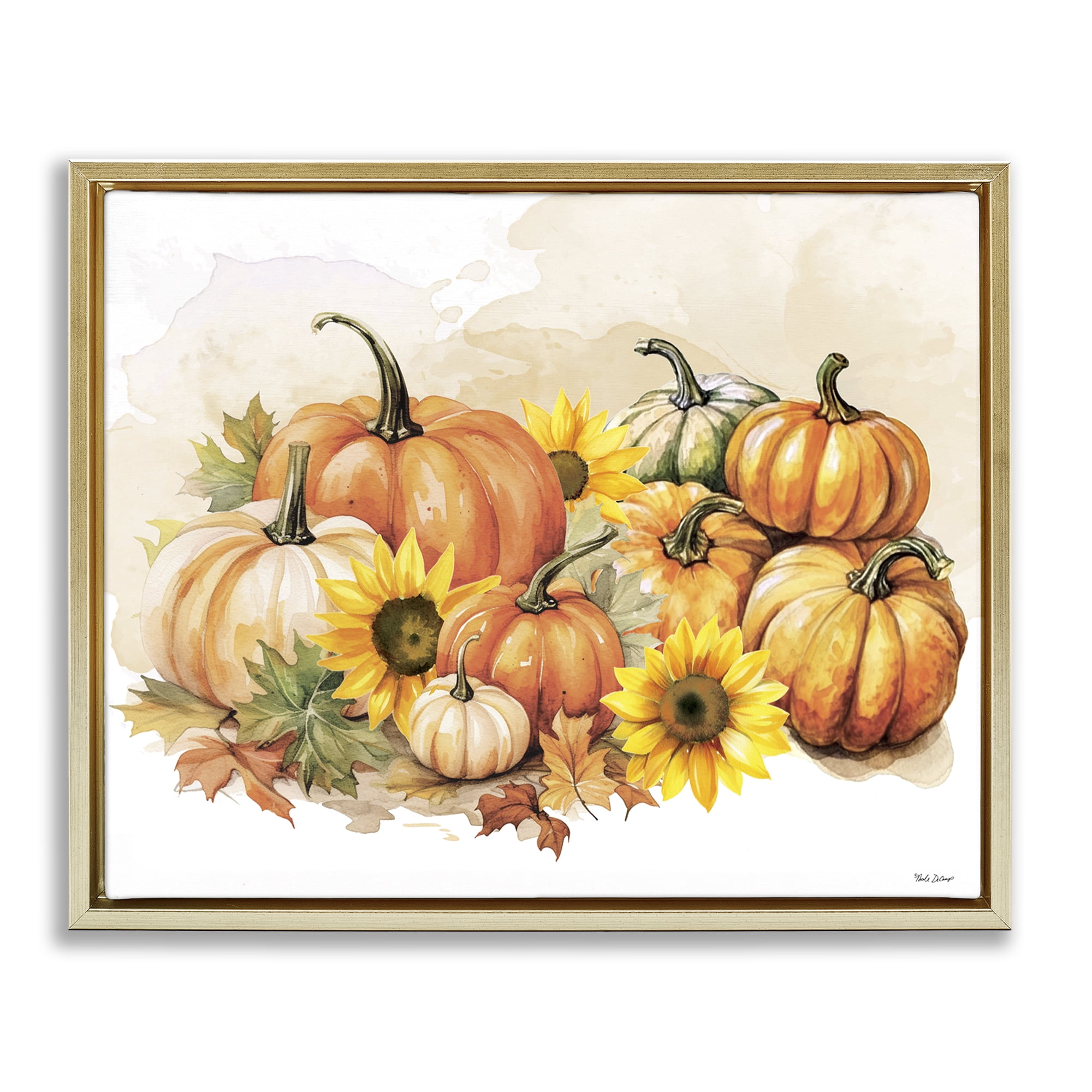 Stupell Industries Pumpkin & Sunflower Bundle Botanical & Floral Painting Gold Floater Framed Canvas Art Prints Wall Art, 31 x 25