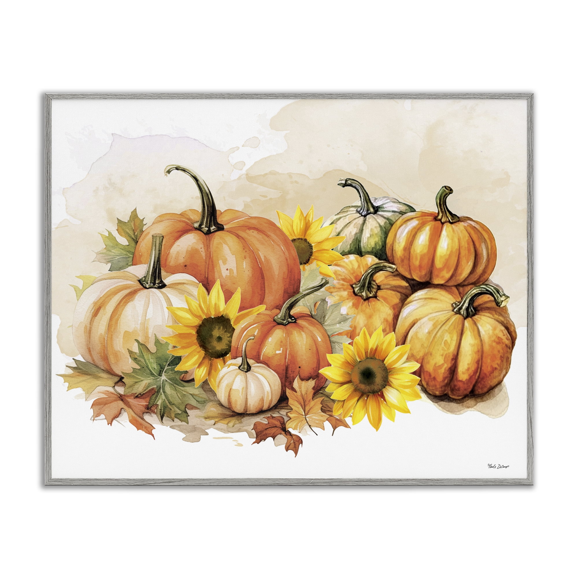 Stupell Industries Pumpkin & Sunflower Bundle Botanical & Floral Painting Gray Framed Art Prints Wall Art, 30 x 24