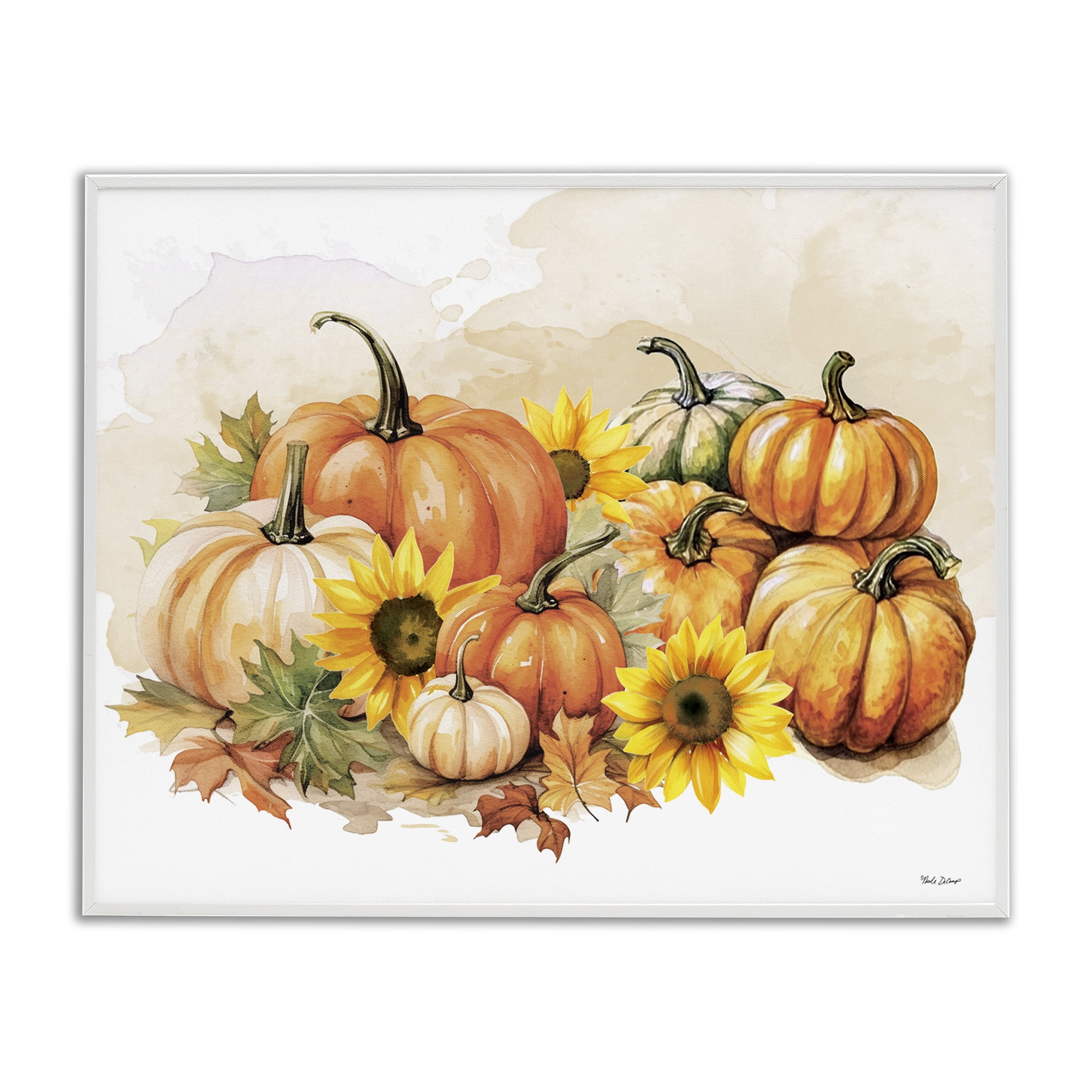 Stupell Industries Pumpkin & Sunflower Bundle Botanical & Floral Painting White Framed Art Prints Wall Art, 14 x 11