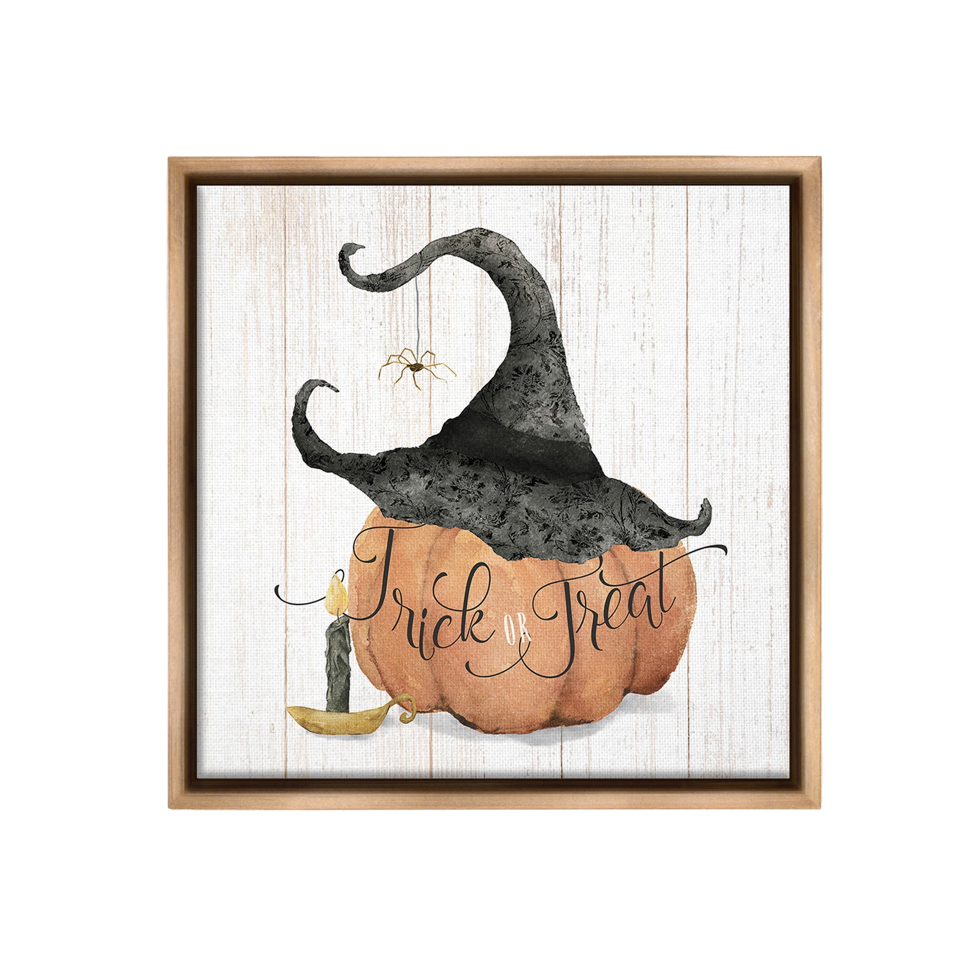 Stupell Industries Pumpkin & Witch Hat Holiday Painting Brown Floater Framed Canvas Art Print Wall Art, 18 x 18