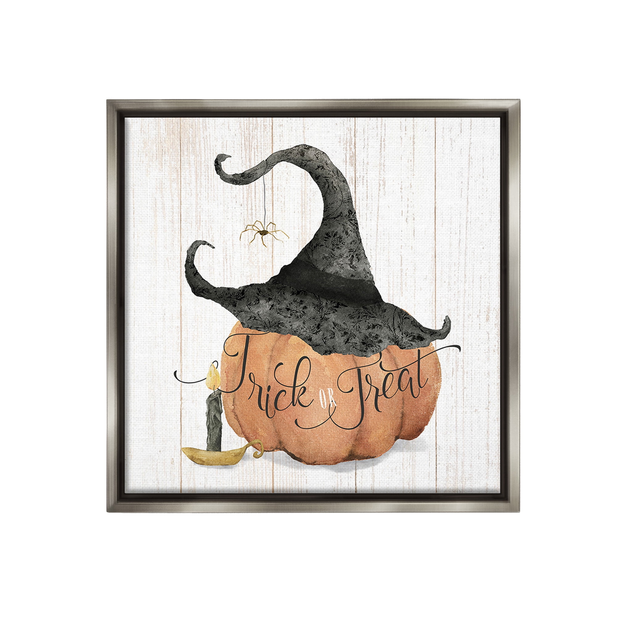 Stupell Industries Pumpkin & Witch Hat Holiday Painting Gray Floater Framed Canvas Art Print Wall Art, 25 x 25