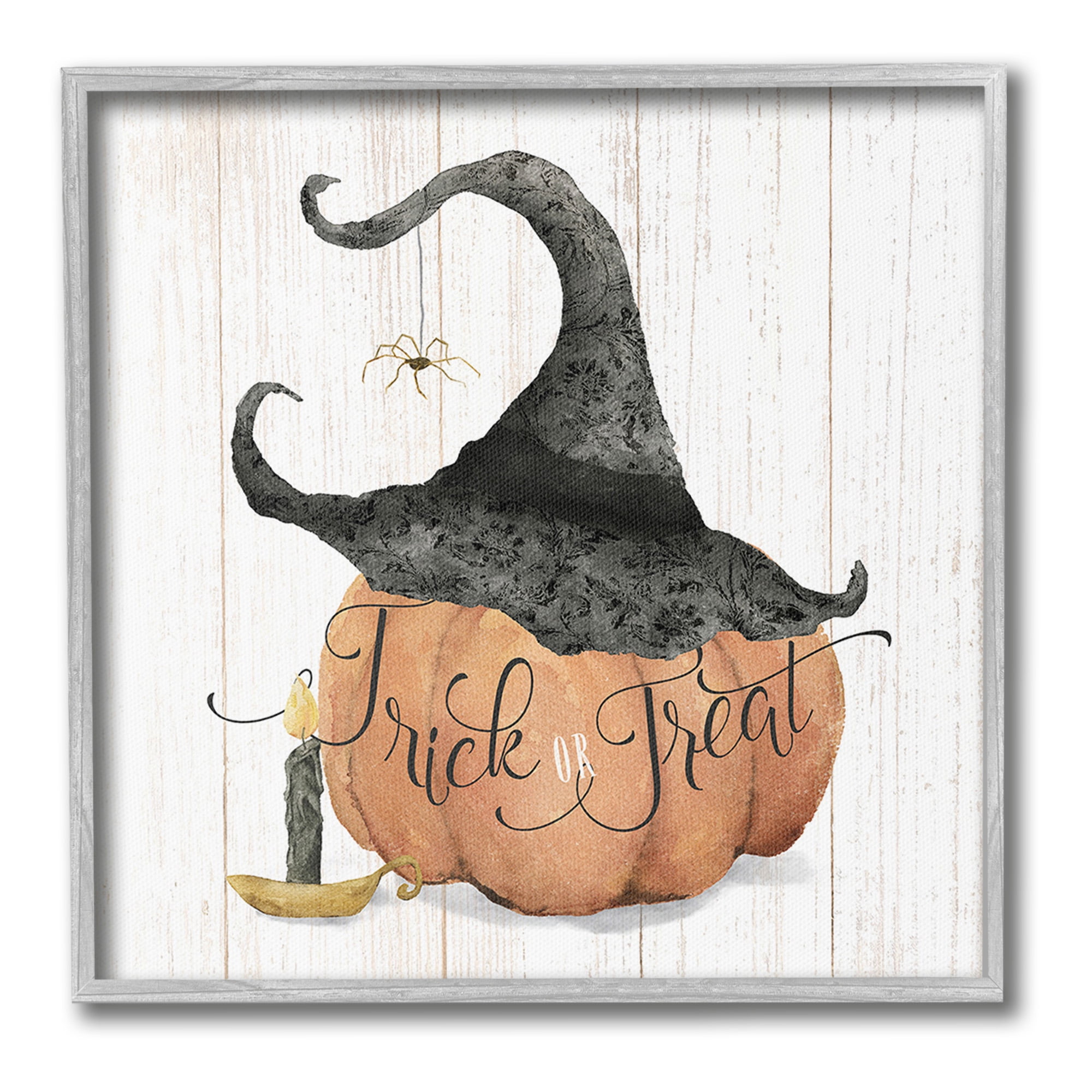 Stupell Industries Pumpkin & Witch Hat Holiday Painting Gray Framed Art Print Wall Art, 24 x 24
