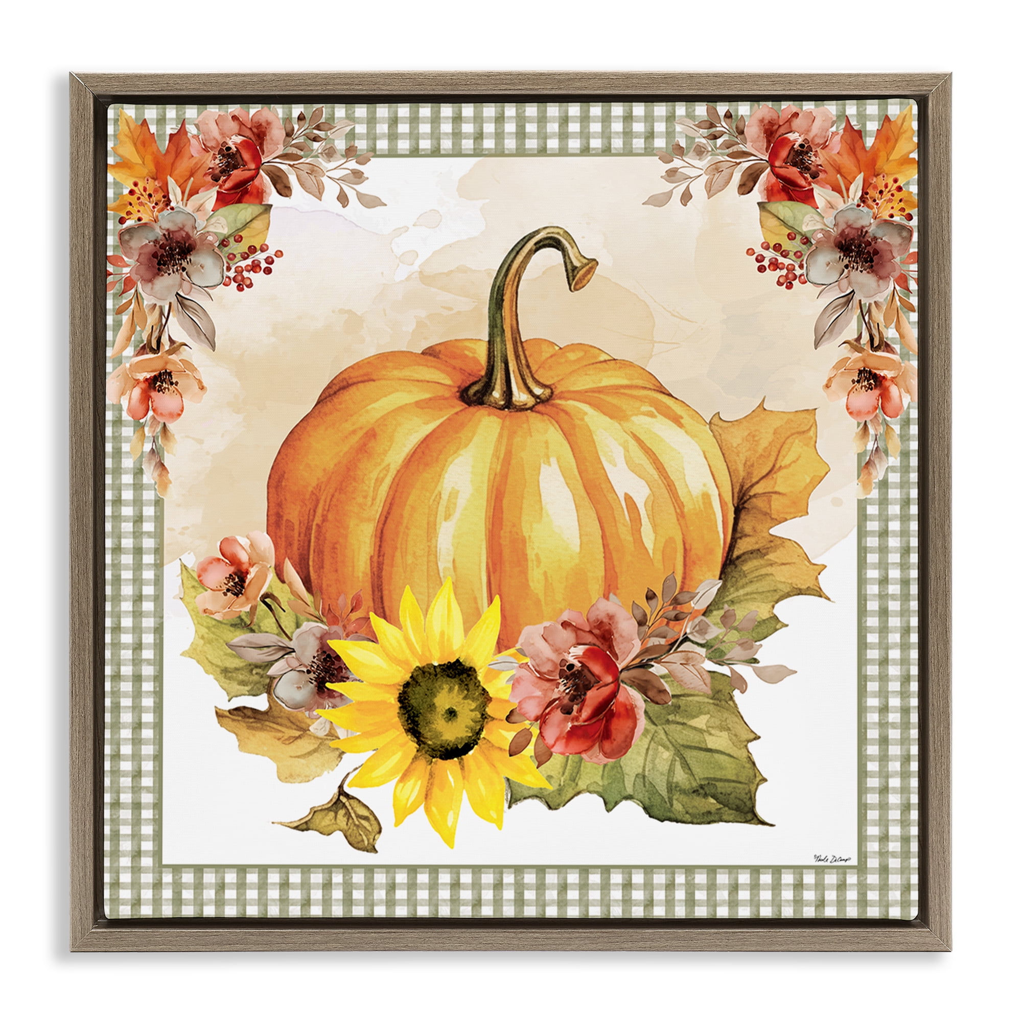 Stupell Industries Pumpkin with Flower Accent Botanical & Floral Painting Brown Floater Framed Canvas Art Prints Wall Art, 18 x 18