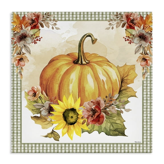 Stupell Industries Pumpkin with Flower Accent Botanical & Floral Painting Gallery Wrapped Canvas Art Prints Wall Art, 17 x 17