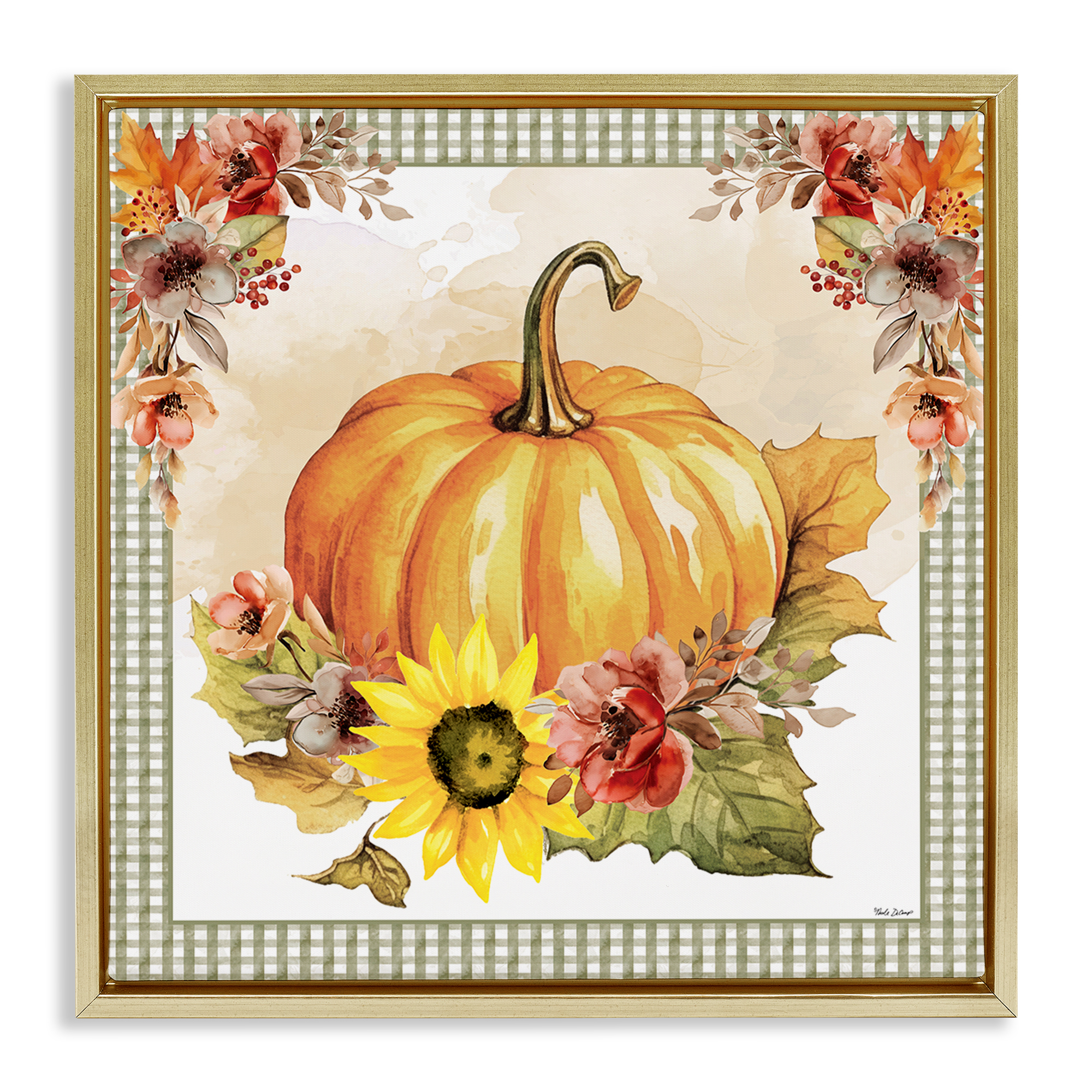 Stupell Industries Pumpkin with Flower Accent Botanical & Floral Painting Gold Floater Framed Canvas Art Prints Wall Art, 25 x 25