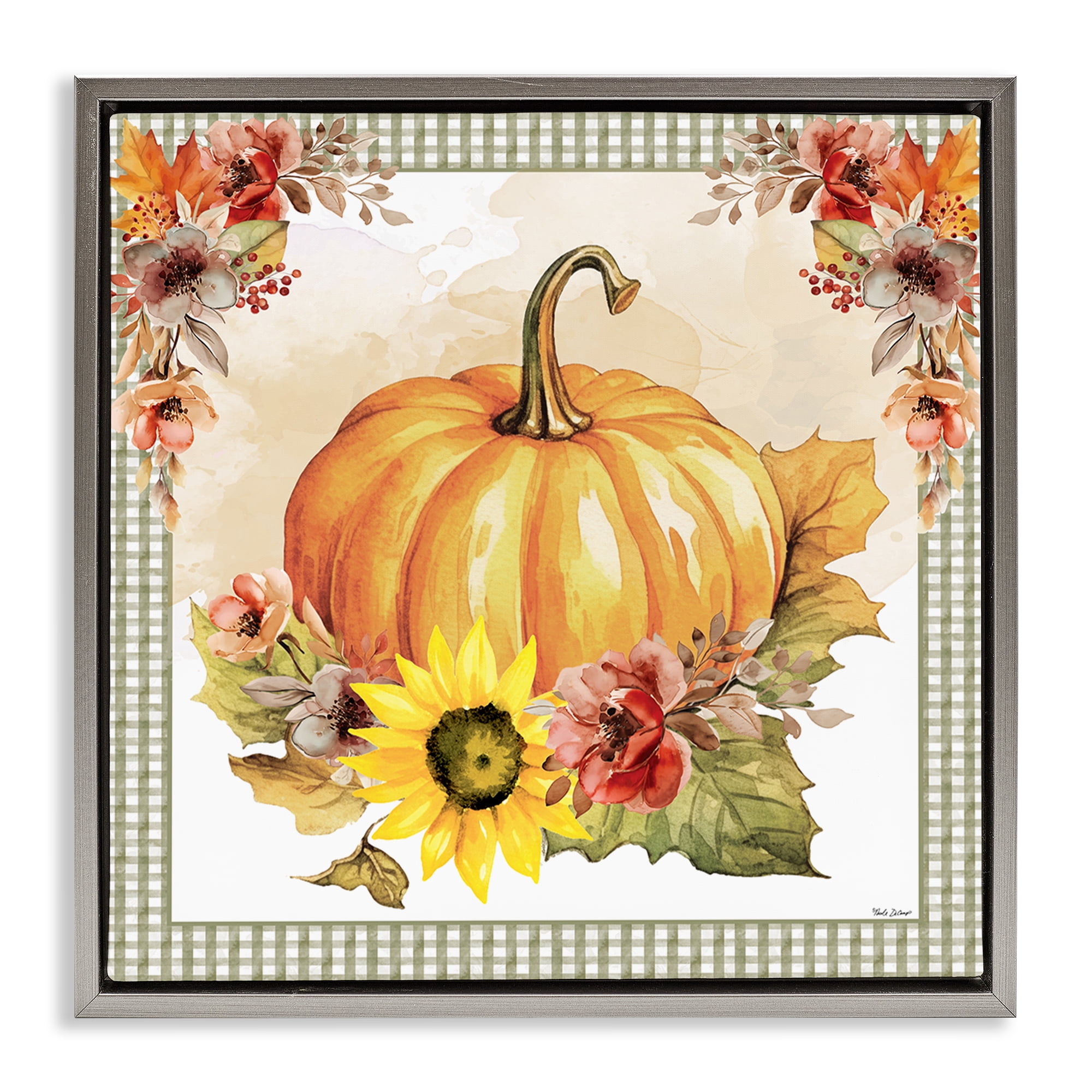 Stupell Industries Pumpkin with Flower Accent Botanical & Floral Painting Gray Floater Framed Canvas Art Prints Wall Art, 25 x 25