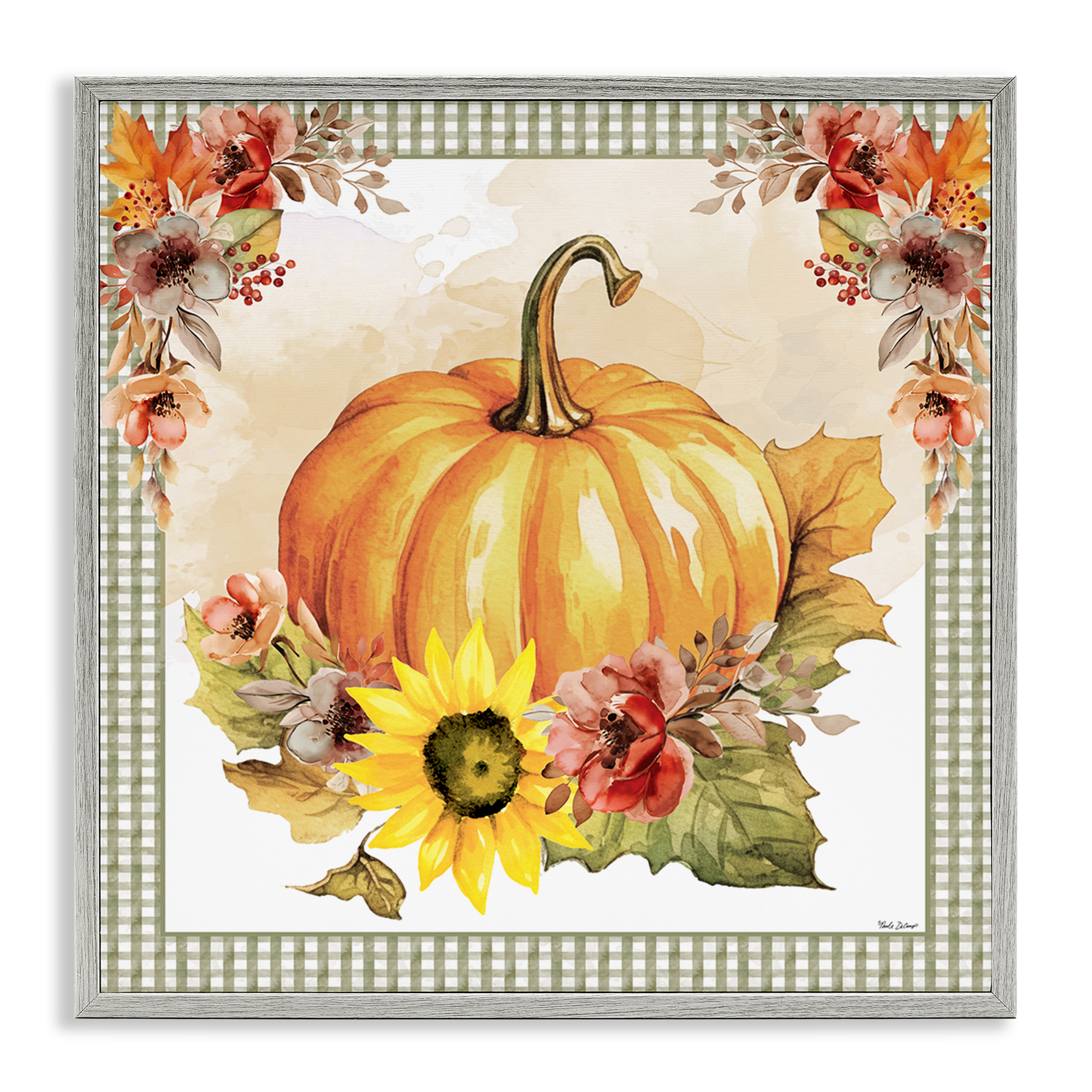 Stupell Industries Pumpkin with Flower Accent Botanical & Floral Painting Gray Framed Art Prints Wall Art, 17 x 17