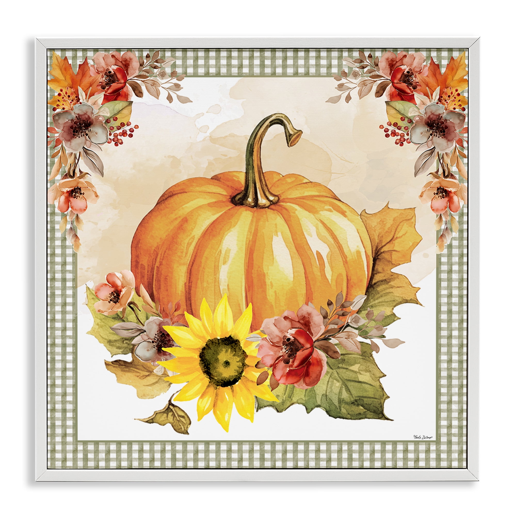 Stupell Industries Pumpkin with Flower Accent Botanical & Floral Painting White Framed Art Prints Wall Art, 12 x 12