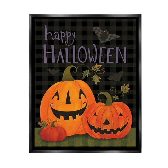 Stupell Industries Pumpkins & Bat on Plaid Holiday Painting Black Floater Framed Canvas Art Print Wall Art, 17 x 21