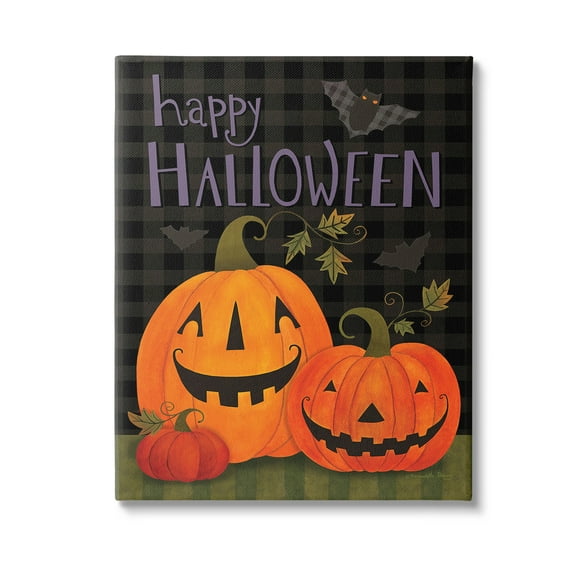 Stupell Industries Pumpkins & Bat on Plaid Holiday Painting Gallery Wrapped Canvas Art Print Wall Art, 16 x 20