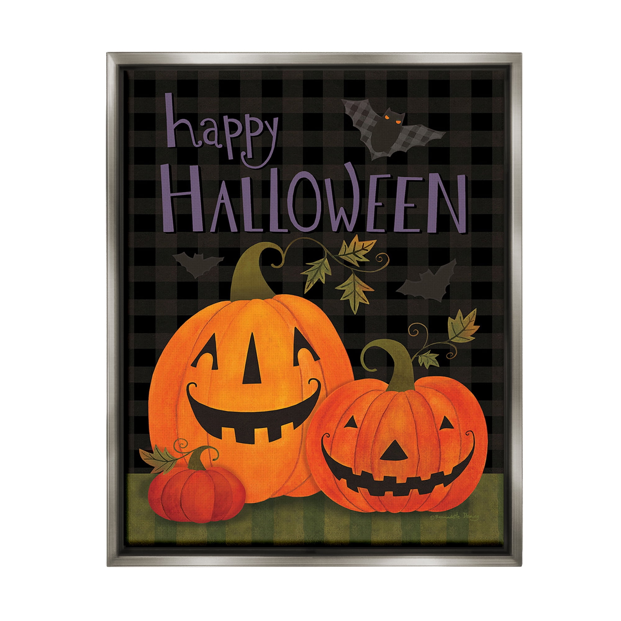 Stupell Industries Pumpkins & Bat on Plaid Holiday Painting Gray Floater Framed Canvas Art Print Wall Art, 17 x 21